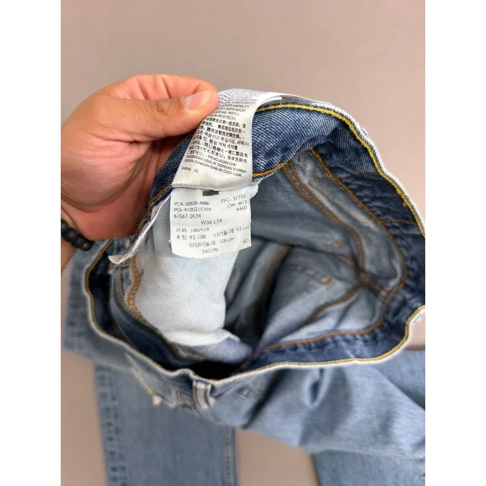 Levis 505 Regular Fit Straight Leg Jeans Light Wash Blue Distressed Mens 36x34